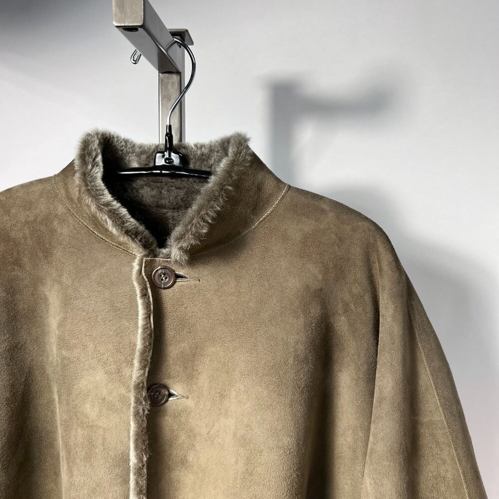 ESKANDAR Dark Olive Suede Leather Shearling Stand‎ Collar Coat 0